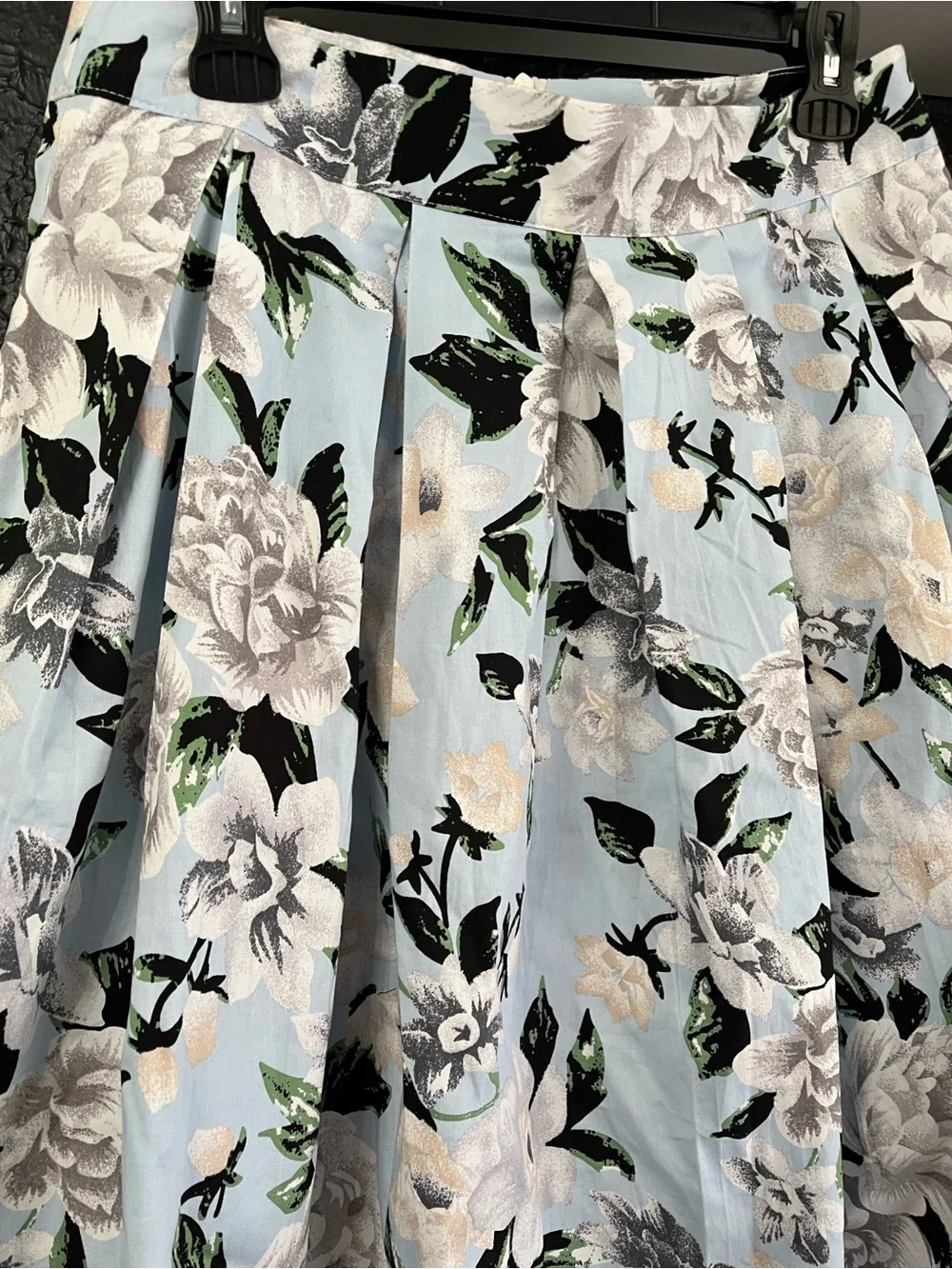 Light Blue Floral A-Line Skirt with Black and Green Accents L